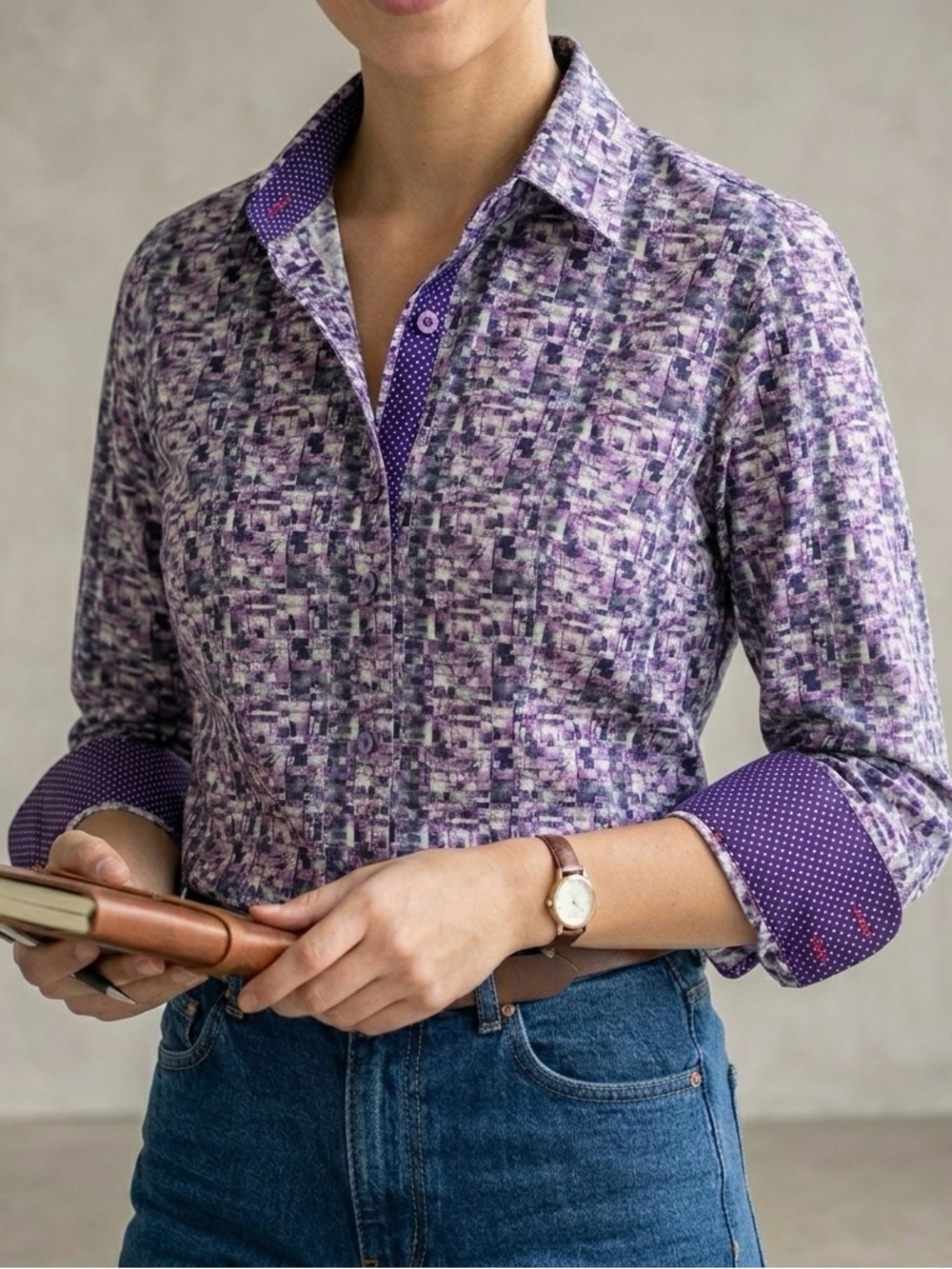 Coton Doux French Designer Purple Geometric Abstract Button Down Shirt Size 2